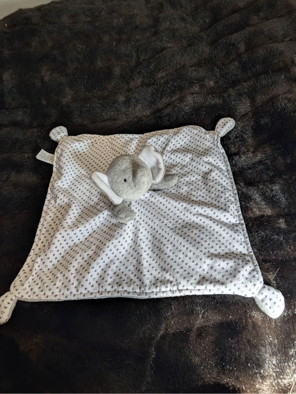Carters JOY Gray Elephant Lovey Security Blanket Blue Triangles Velour White 15"